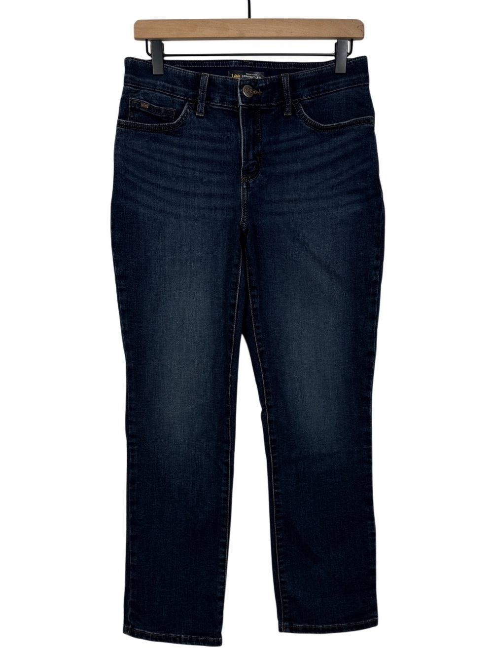 WJ525 {Lee} "Regular Fit Straight Leg Mid Rise" Short Dark Blue Denim Jeans